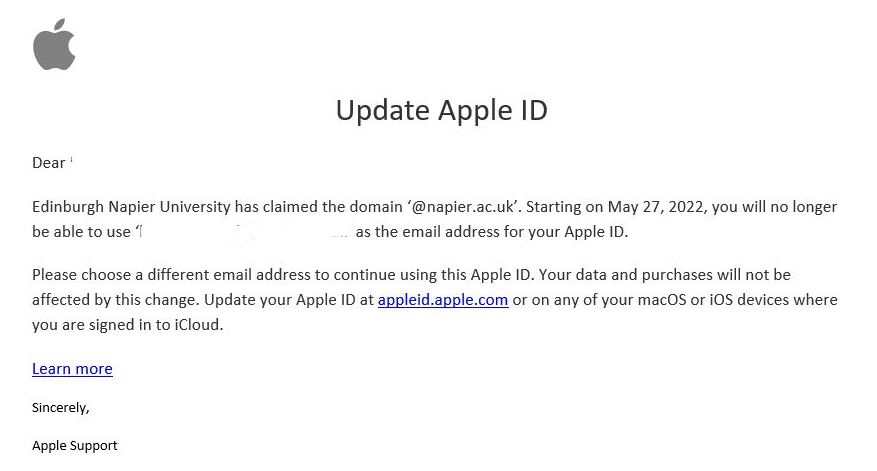 Screenshot of email from Apple