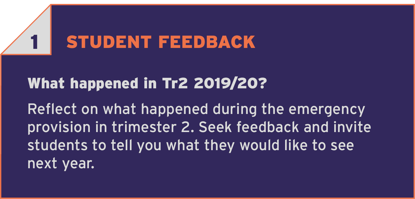1 STUDENT FEEDBACK What happened in Tr2 2019-20? Reflect on what happened during the emergency provision in Tr2. Seek feedback and invite students to tell you what they would like to see next year.