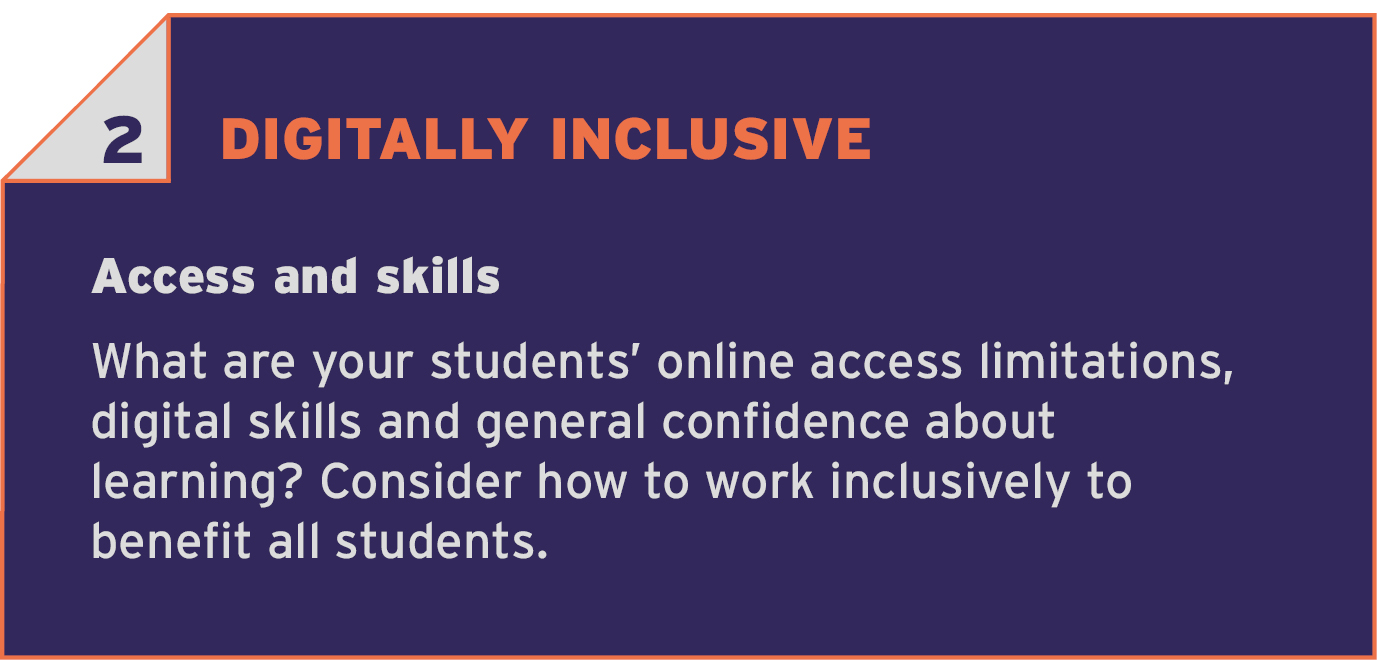 2 DIGITALLY INCLUSIVE. Access and Skills. What are your students’ online access limitations, digital skills and general confidence about learning? Consider how to work inclusively to benefit all students.