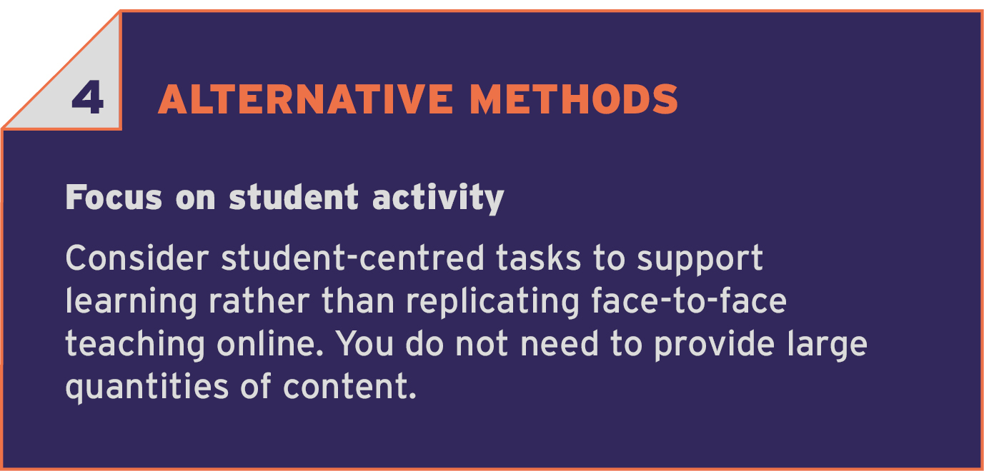 4 ALTERNATIVE METHODS Focus on student activity. Consider student-centred tasks to support learning rather than replicating face-to-face teaching online. You do not need to provide large quantities of content.
