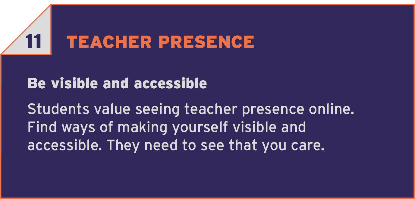 11 TEACHER PRESENCE. Be visible and accessible. Students value seeing teacher presence online. Find ways of making yourself visible and accessible. They need to see that you care.