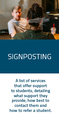 PDT Signposting: A list of services that offer support to students detailing what support they provide and how to contact them.