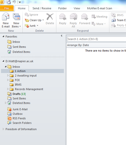 Outlook Inbox organisation example